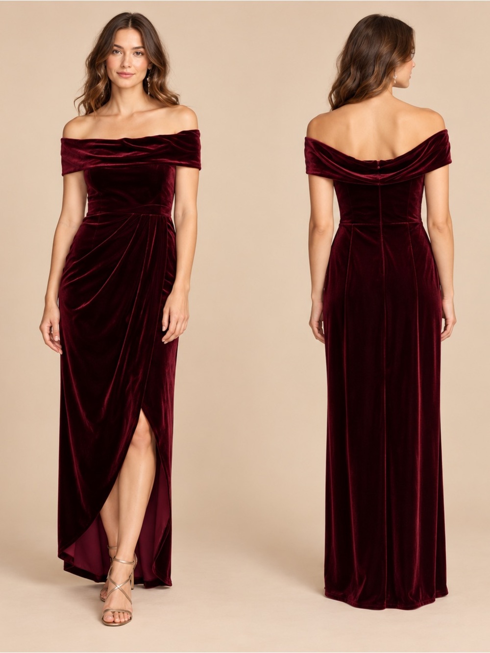 BHLDN Anthropologie Edison Off The Shoulder Elegant Red Velvet Evening Gown 4